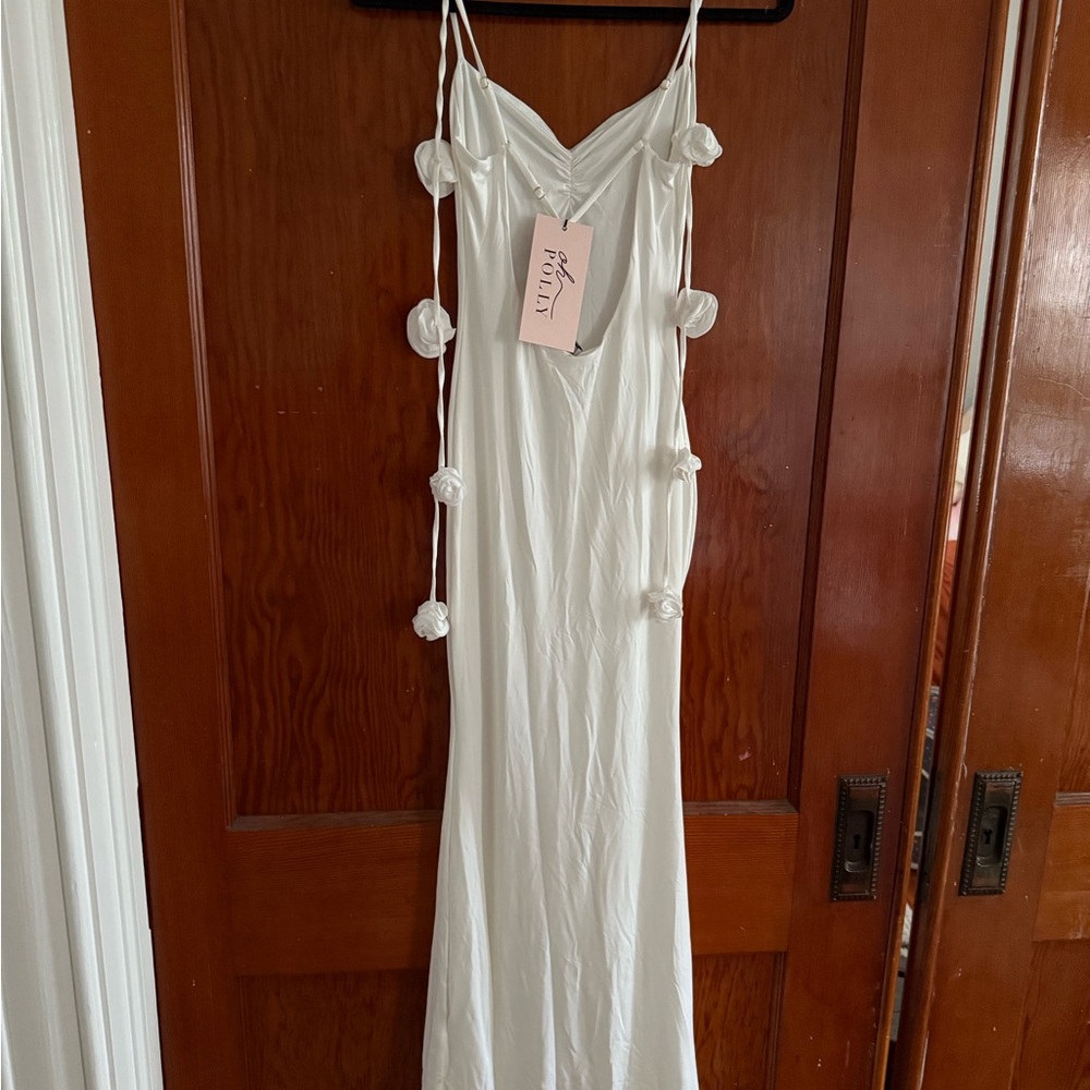 Oh Polly Cream Backless Dress with Floral Accents